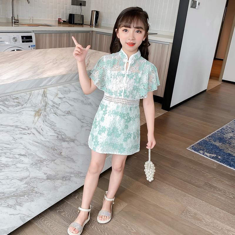 Girls' Dress Summer Broken Flowers Dress Children Net Red Girl Chinese Style Fake Two Pieces of Lace Skirt