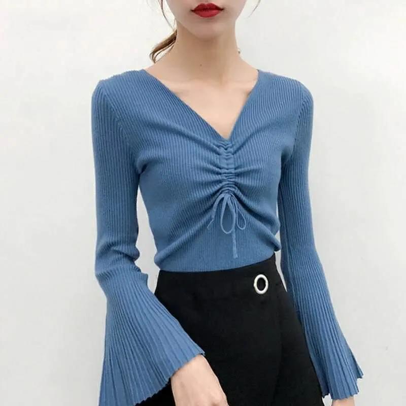 2021 Early Autumn Sweater Women's V-neck Drawstring Long-sleeved Pleated Flared Sleeve Sweater Top Bottoming