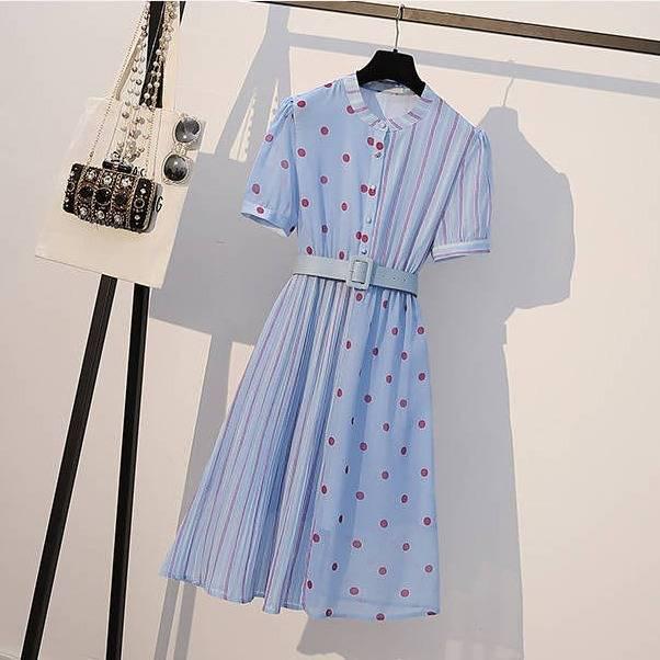 Pofulove Summer Plus Size Women's Slim Chiffon Skirt Party Evening Stripe Polka Dot Dress with Belt