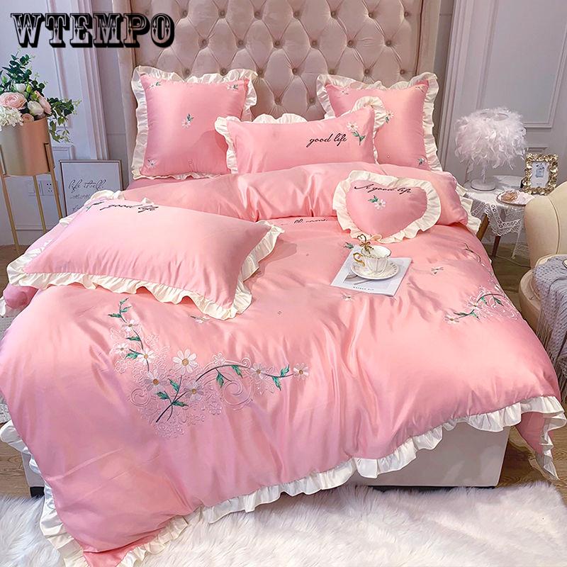 Cotton 4pcs Jacquard Silk Cotton Luxury Bedding Set King Size Queen Bedclothes Bed Skirt