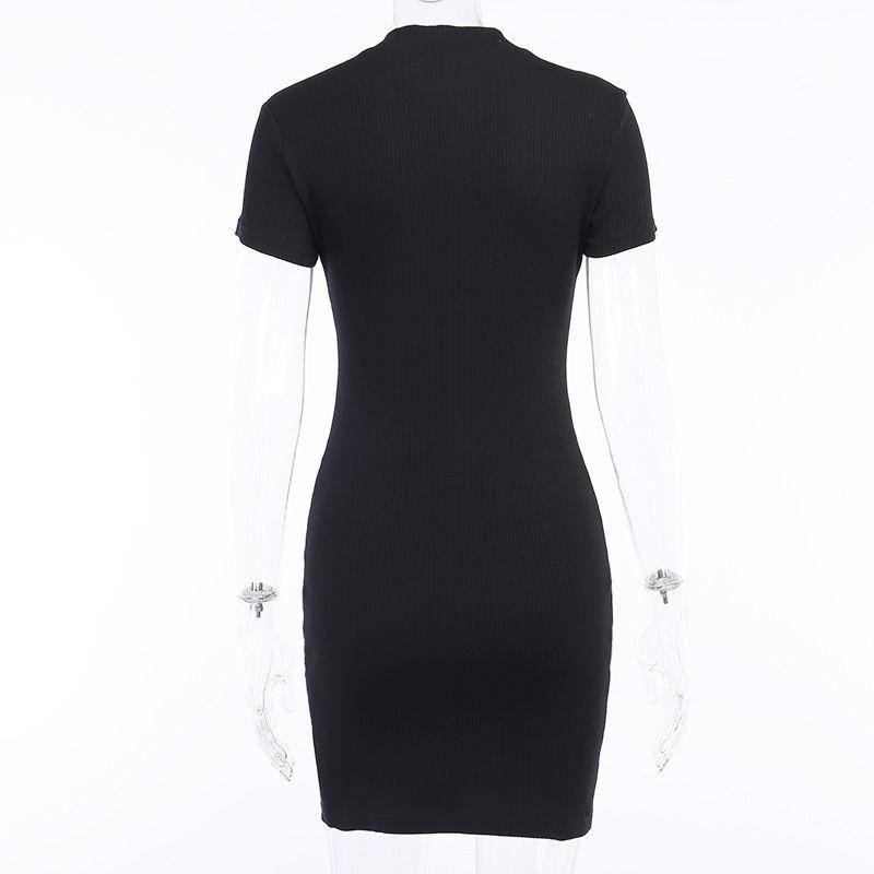 Women Summer Fall Bodycon Ribbed Dress  Stand Collar Zipper Deep V-neck Solid Stretch Bodycon Pencil Party Mini Dress