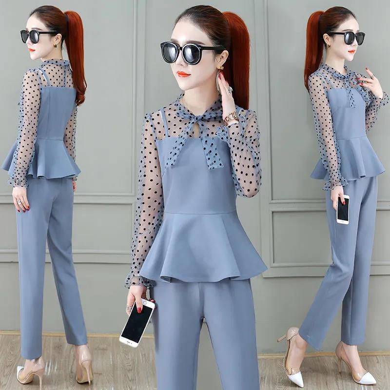 Ladies Professional Suit Xiaoxiangfeng Spring and Autumn Thin Temperament Two-piece Round Neck Long-sleeved Shirt + Casual Suit Pants