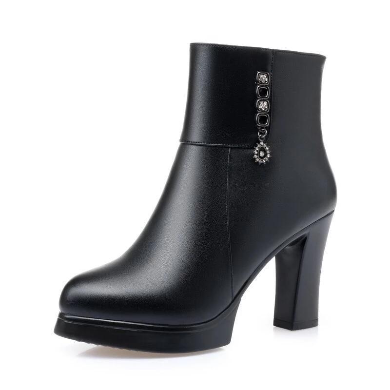 Women High Heels Winter Shoes Fur Boots Black Leather Ankle Booties Plush Warm Square Heel Shoes Fashion Ladies Boots