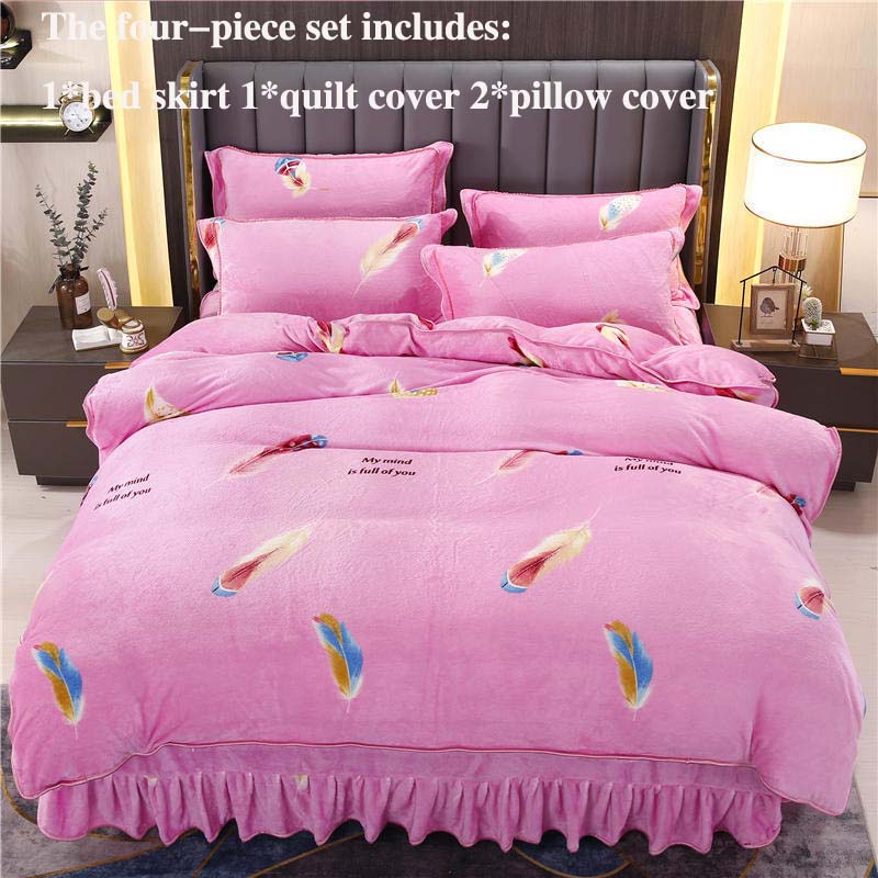 Milk Velvet Thick Bed Skirt Four-piece Quilt Cover Pillowcase Bed Skirt Set Household Bedding