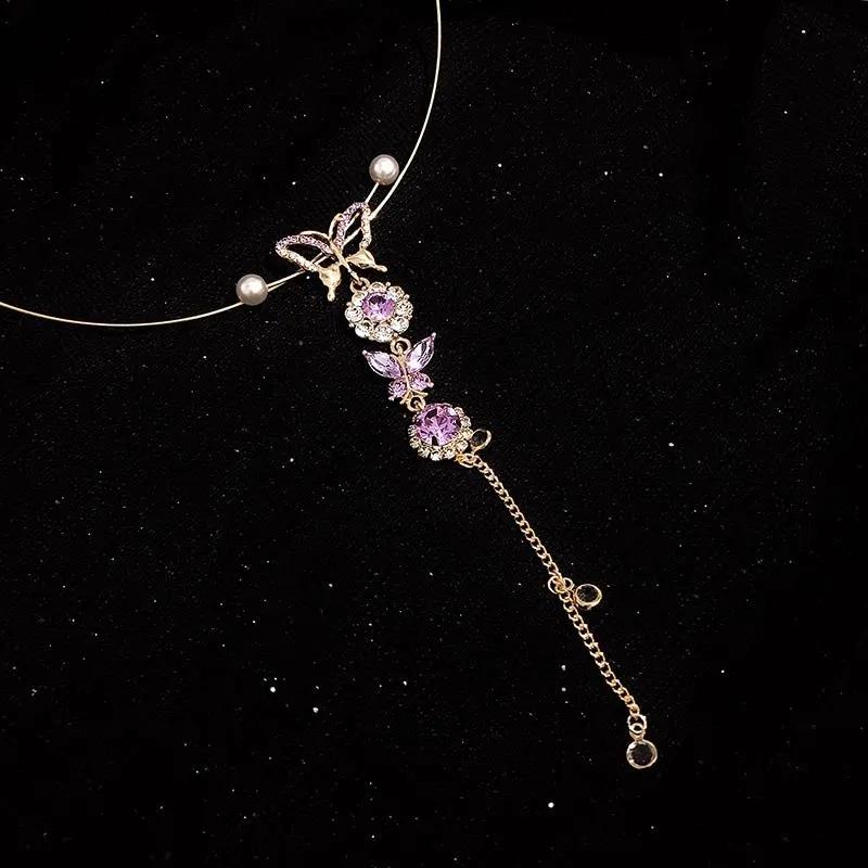 2PCS Purple Butterfly Pendant Necklace Gold Collar Clavicle Chain Neck Neckband Jewelry Gold Choker for Girls Personalized Ornaments Choker Necklaces