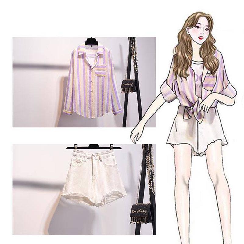 Pofulove Women Fake Two-piece Striped Shirt Hole Denim Shorts Two-piece High-waist Shorts Set Summer