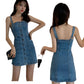 Tight Sexy Off-the-shoulder Women's Denim Dress Single Breasted Suspender Skirt  Knee-length Daily Wear Office Dating Party