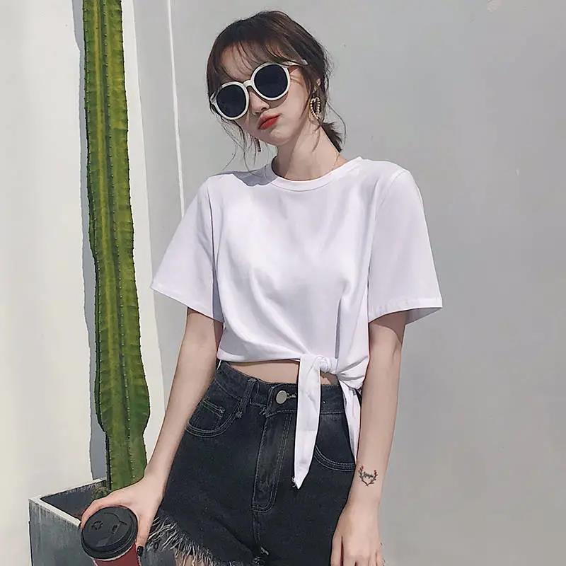 Women Summer O-neck Top Irregular Bandage T-shirt Solid Color Short-sleeved Loose Casual Tee