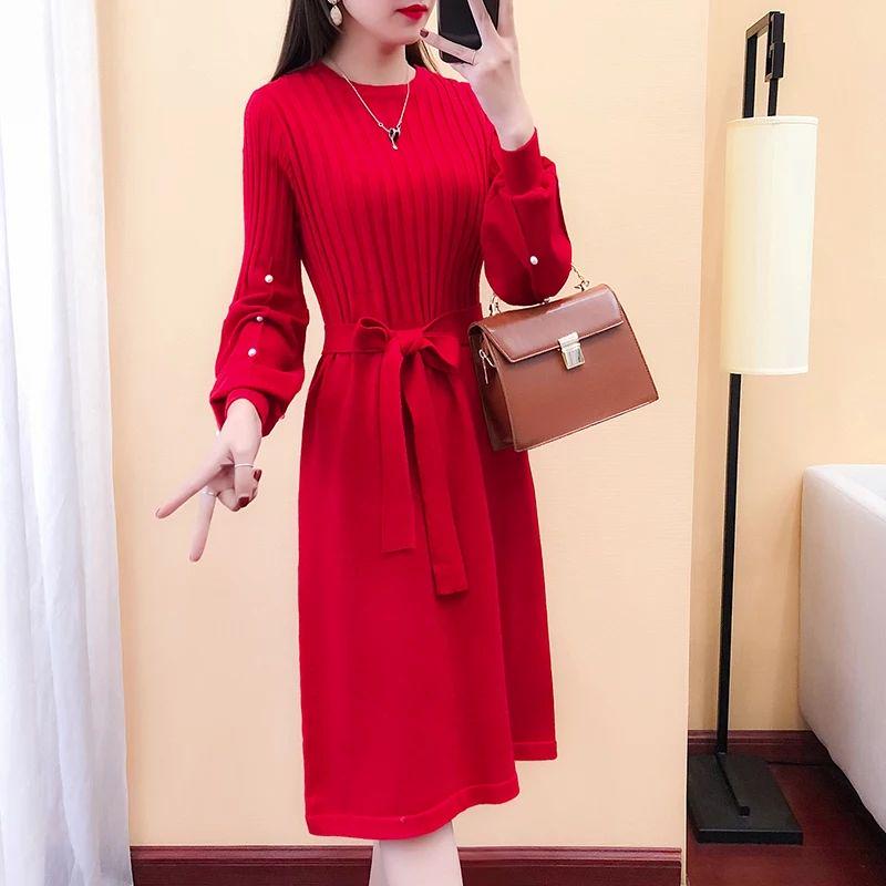 Autumn and Winter Mid-length Solid Color Sweater Women's Lantern Sleeve Fashion Dress