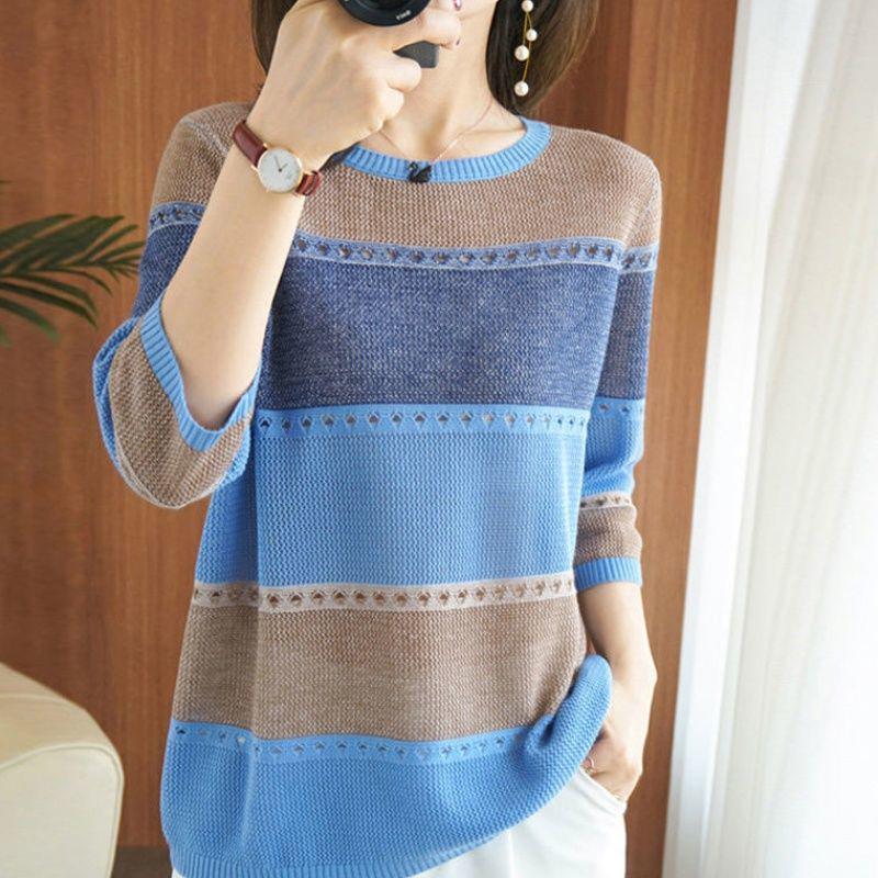 Thin Knit Sweater Half Sleeve Loose Striped Knitted Sweater Hollow Round Neck Pullover Sweater