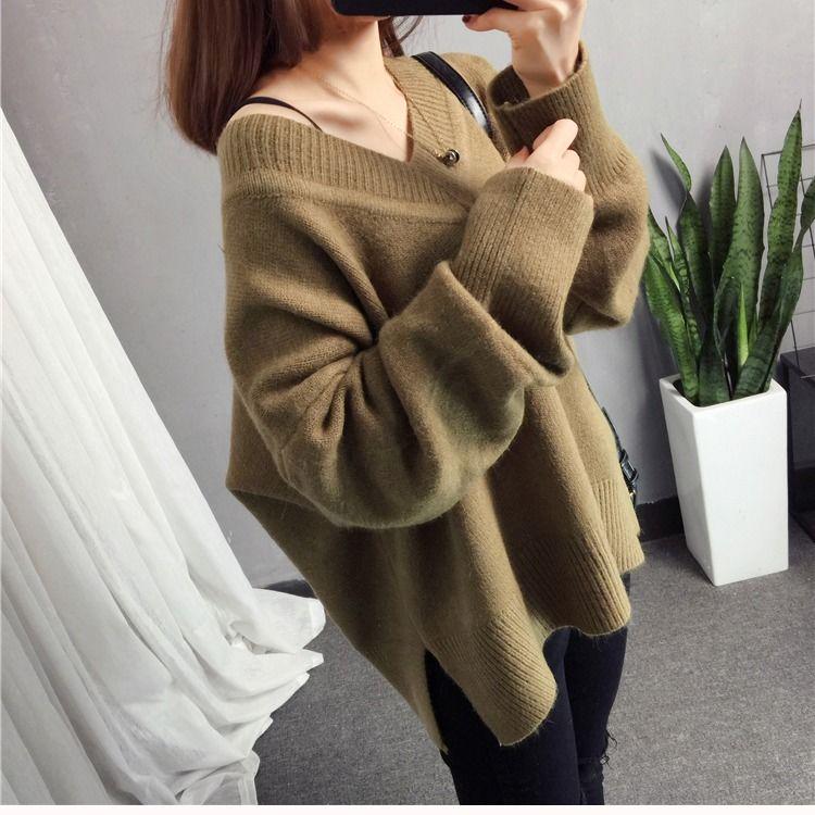 Women Casual V-Neck Long Sleeve Solid Loose Knitwear Pullover Sweater