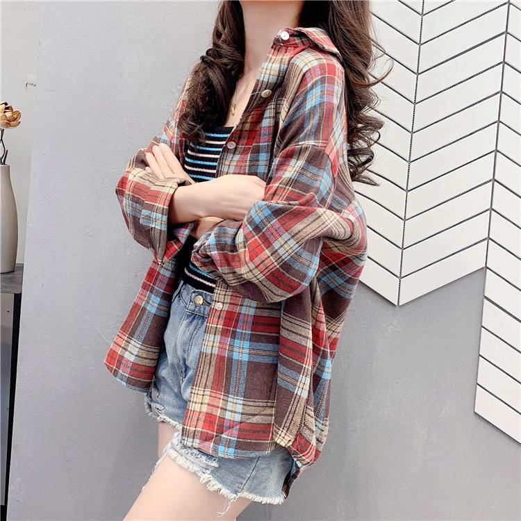 POLO Collar Contrast Color Plaid Brushed Loose Shirt Women's Spring and Autumn Retro Top