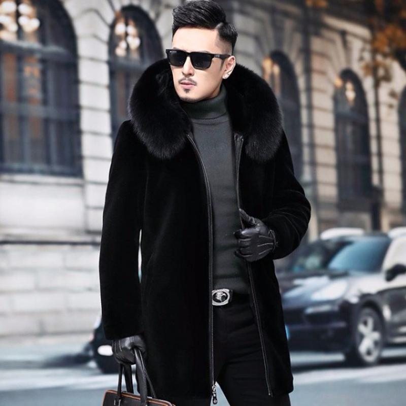 Haining Fur Coat One Mid-length Men's Fur Coat with Faux Fox Fur Collar Fur and Cotton Jacket