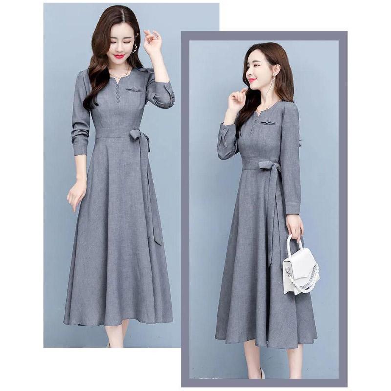 Long Sleeve Fashion Dress Female Spring Summer Korean Style Noble Temperament Slim Slimming Cotton and Linen Midi Skirt