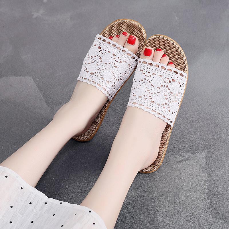 Lace Home Linen Slippers Four Seasons Summer Women's Indoor Non-slip Household Wooden Floor Mute Small Fragrance Sandals and Slippers