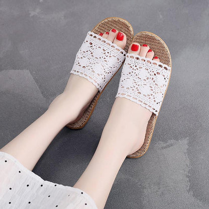 Lace Home Linen Slippers Four Seasons Summer Women's Indoor Non-slip Household Wooden Floor Mute Small Fragrance Sandals and Slippers