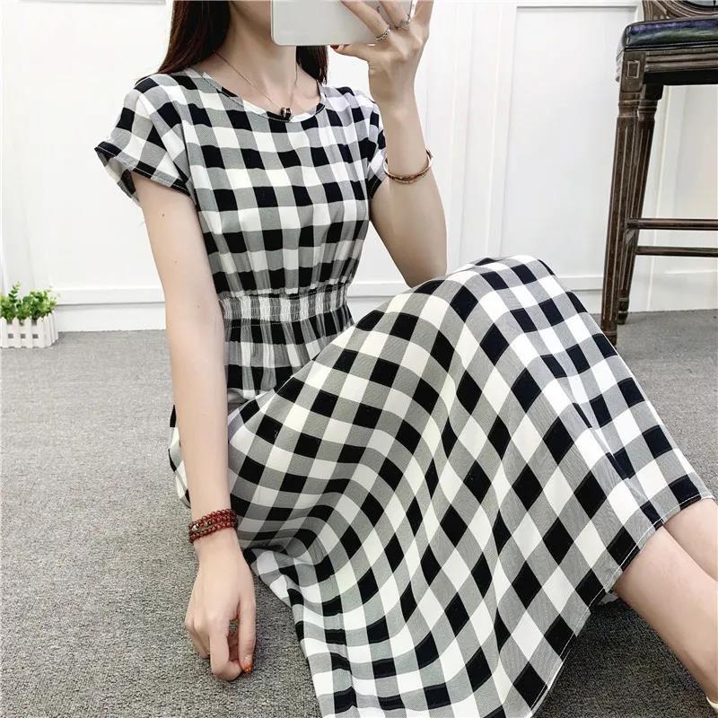 Summer Plus Size Long Dress Bow Tie Print Short Sleeve Dress Casual Comfort Cotton Dresses  for Youth Lady
