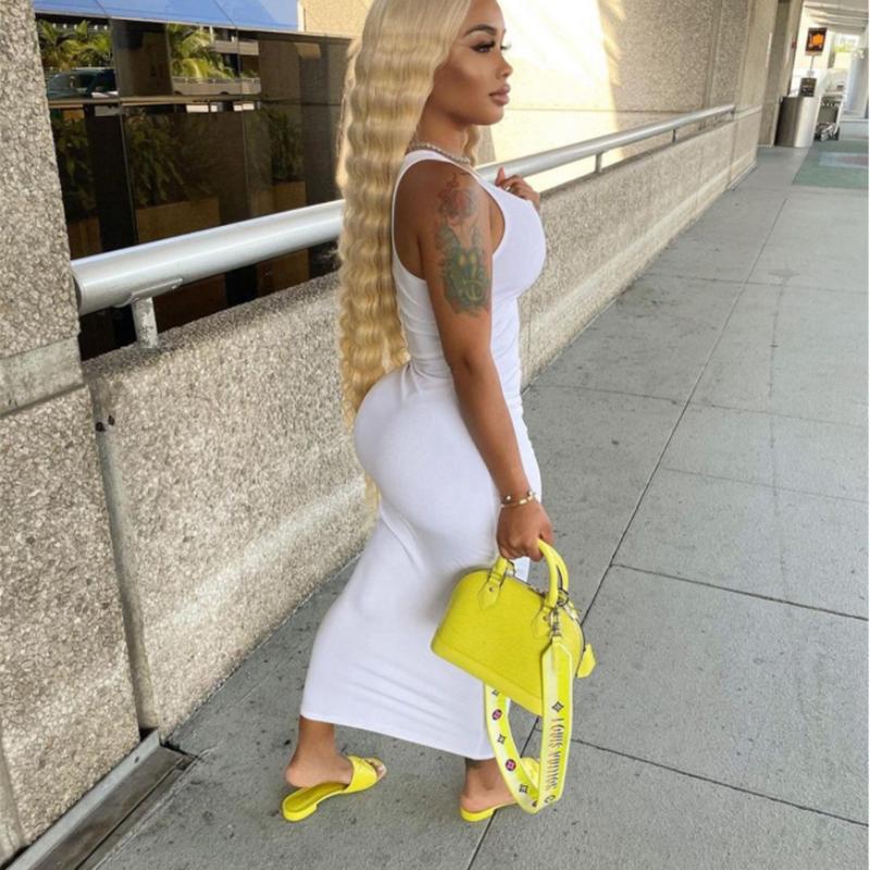 Spring and Summer Sling Dress Slim Sexy Long Dress Low-cut Solid Color Standard Size High Elasticity