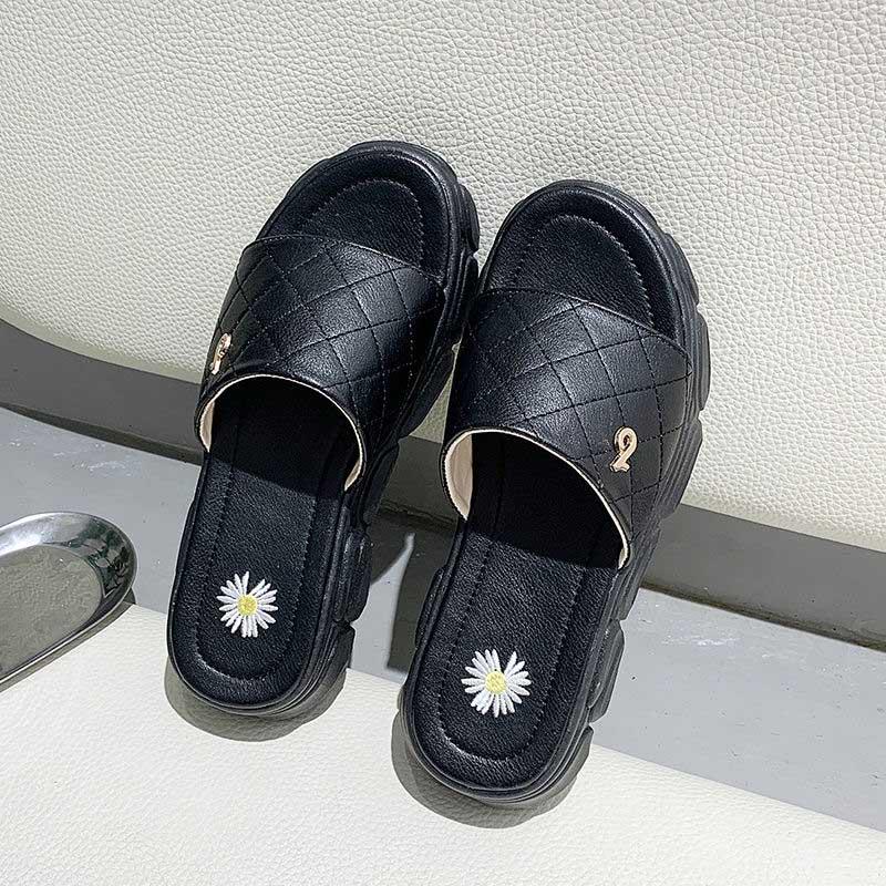Size35-40 Summer Women Leather Slippers Bohemian Beach Waterproof Slippers Wedge Platform Crystal Letter Sandals Outdoor High Heels