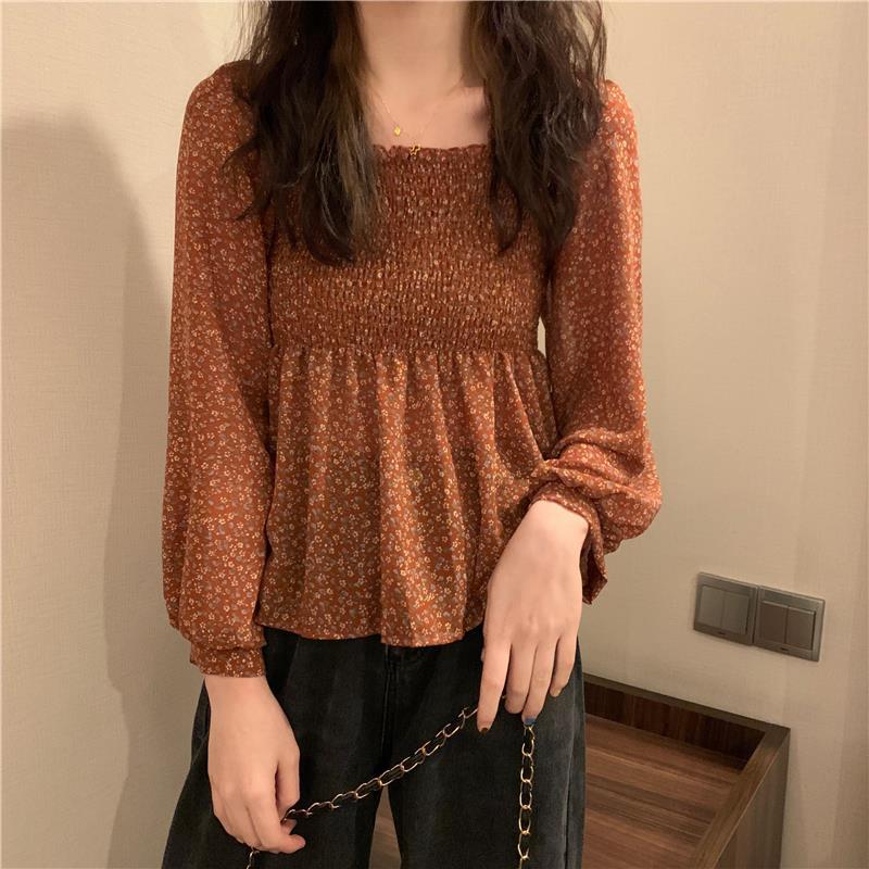Blouse Women Sweet Korean Style Lovely Ladies Simple Lantern Sleeve Ruffles Popular Square Collar Thin Prairie Chic Holiday Tops