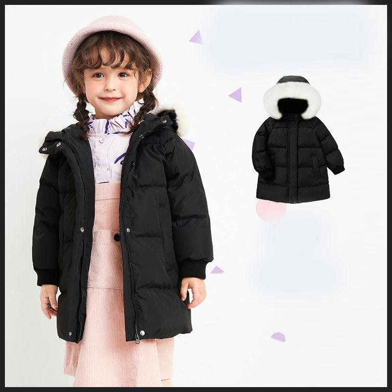 Children's Windproof Mid-length Girls' Warm Down Jacket Thickened Fur Collar Winter Coat