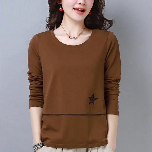 Spring and Autumn Korean Version Long-sleeved T-shirt Loose Large Size Round Neck Solid Color Top Bottoming Shirt