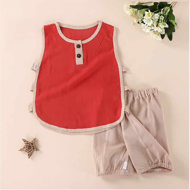 Children's Suit Summer Thin Boys and Girls Baby Breathable Stitching Button Sleeveless Shorts Two Piece Set Casual Wear