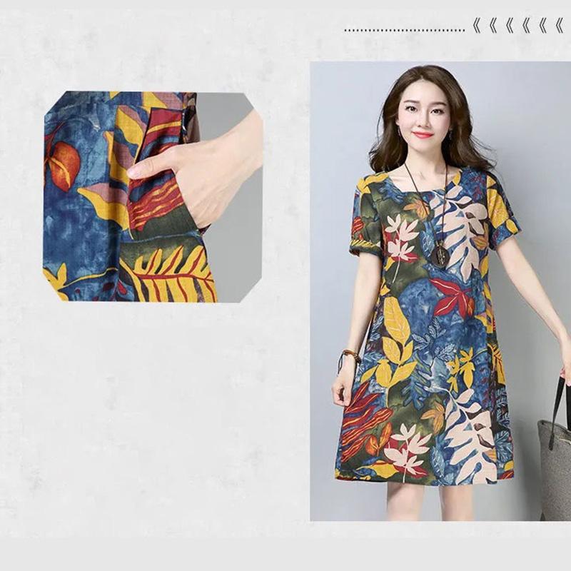 Cotton Plus Size Women's Printed Short-sleeved Dress Loose and Thin Ethnic Style Leaf Skirt