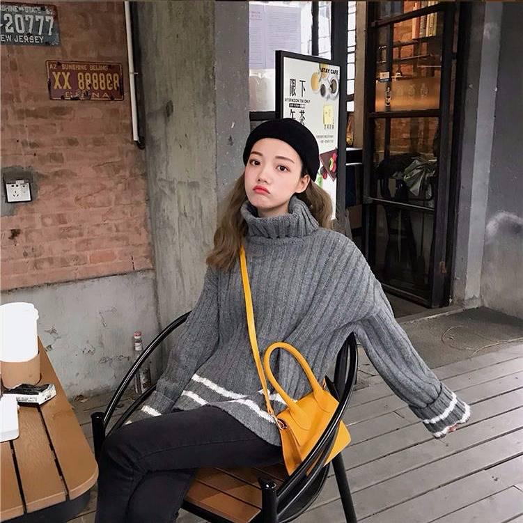 Pofulove High-collar Oversize Minimalist Gary or White Striped Loose Cuffs Pullover Sweater
