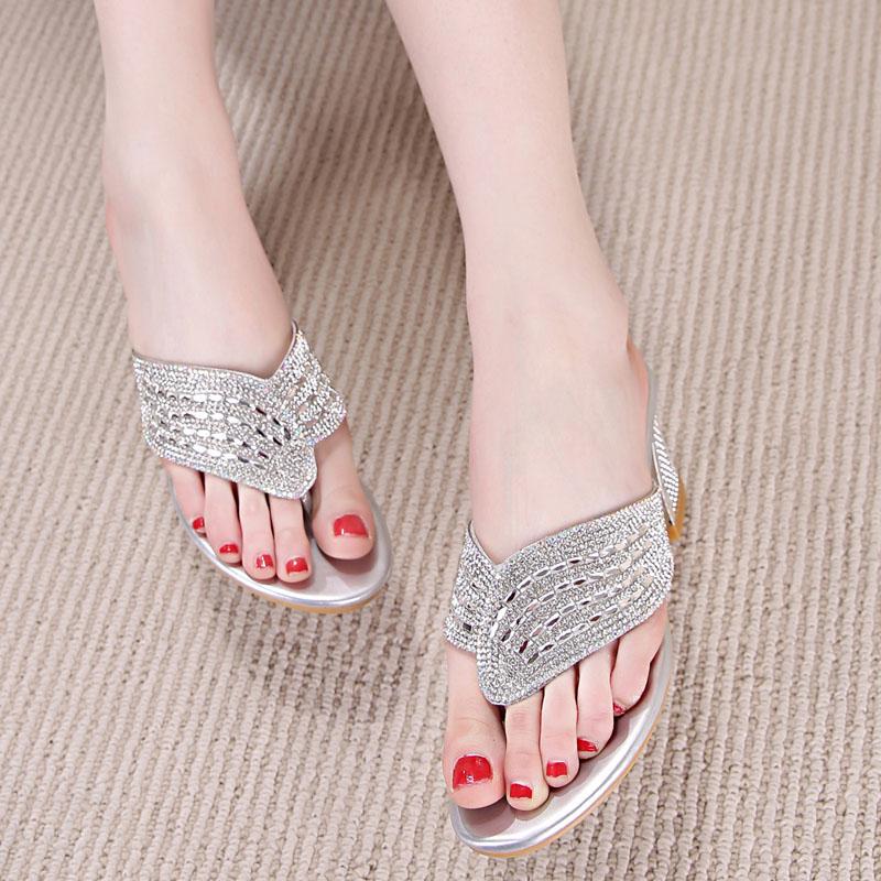 Plus Size 34-40 Women All-match Shiny Slippers Outdoor Diamond High Heels Bohemian Beach Wear-resistant Non-slip Slippers Flip Flops Sandals