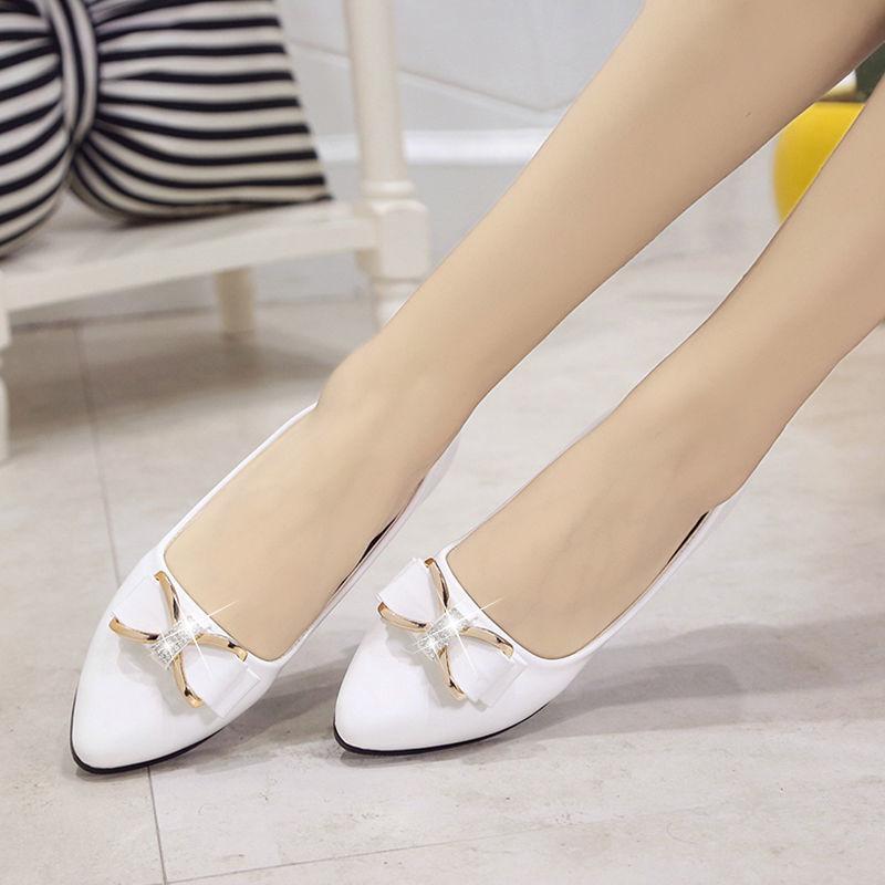 Women's Spring Summer Large Size Low Heel Single Leather Shoes Solid Color Sequins Bow Casual Slip-on Shoes