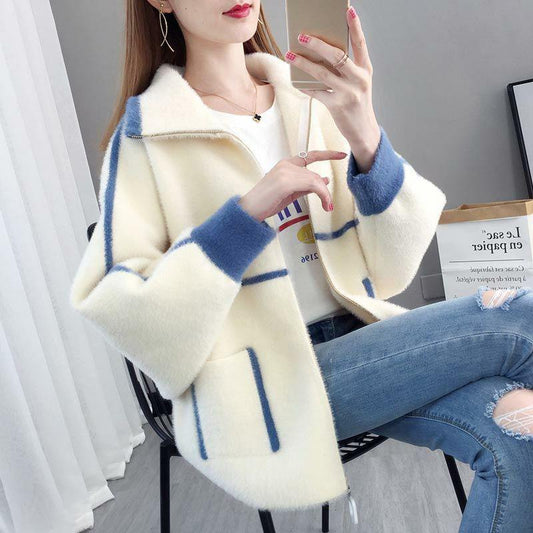 Mink Fleece Knitted Cardigan Women's Autumn and Winter Long-sleeved Loose Sweater Short College Style Jacket