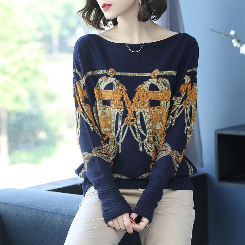 Women's Boat Neck Cashmere Sweater Short Loose Pullover Plus Size Printed Cardigan Ethnic Style Wool Knit Jumper