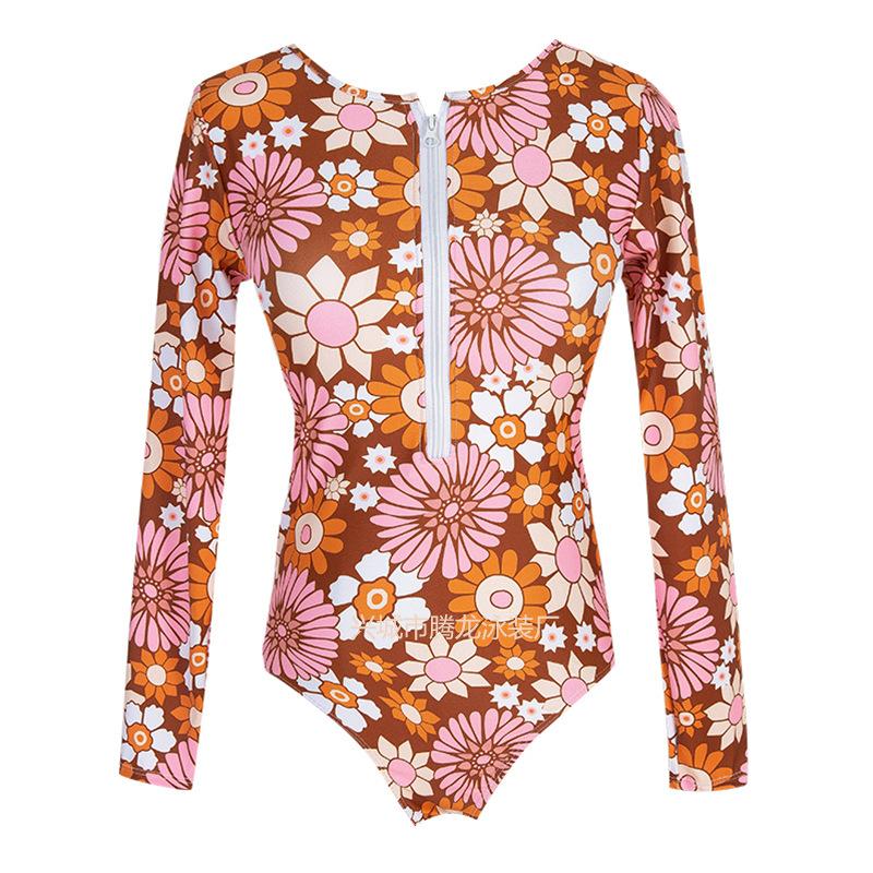 70's Long Sleeve Swimsuit, Vintage Floral Print Sun Protection One Piece