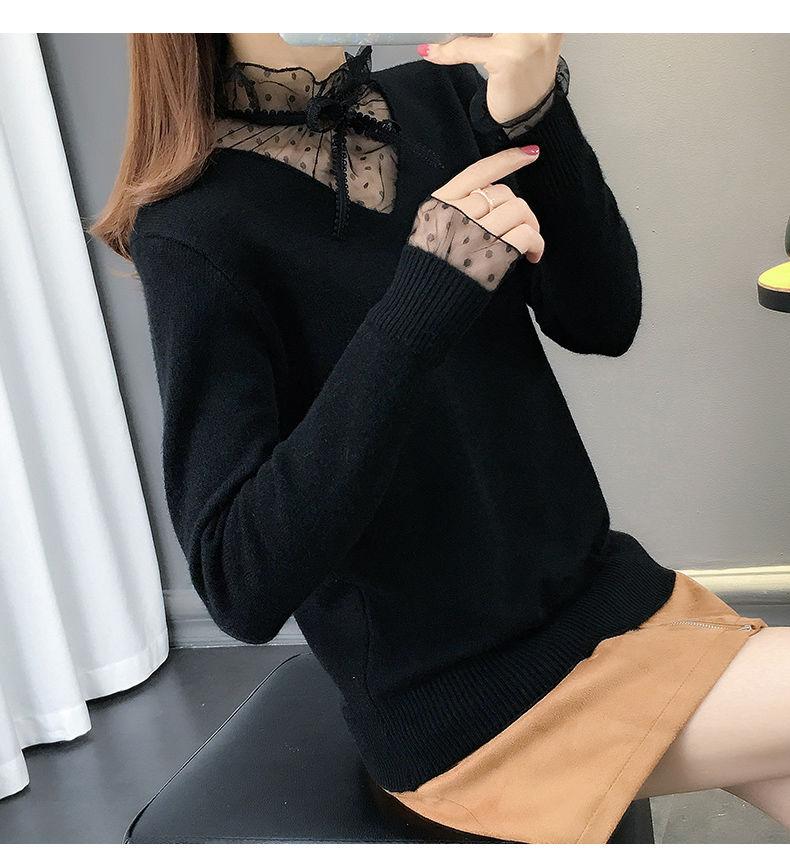Autumn and Winter Lace Sexy Bottoming Shirt Knitted Solid Color Top Fashion Casual Women Sweater
