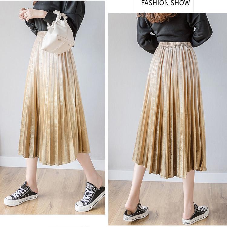 Spring Women Long Metallic Silver Maxi Pleated Midi Skirt High Waist Elascity Casual Party Skirt