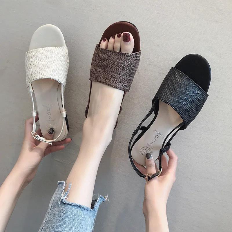 Flat Sandals Women's Summer Korean Fashion Straw Braided Buckle Open Toe Sandals All-match Student Sandals