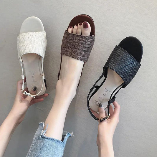 Flat Sandals Women's Summer Korean Fashion Straw Braided Buckle Open Toe Sandals All-match Student Sandals