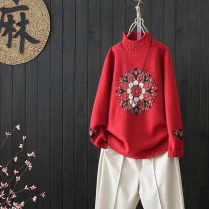 National Style Vintage Pullover Sweater Women Autumn Winter High-neck Plus Size Inner Base Sweater Loose Knitwear