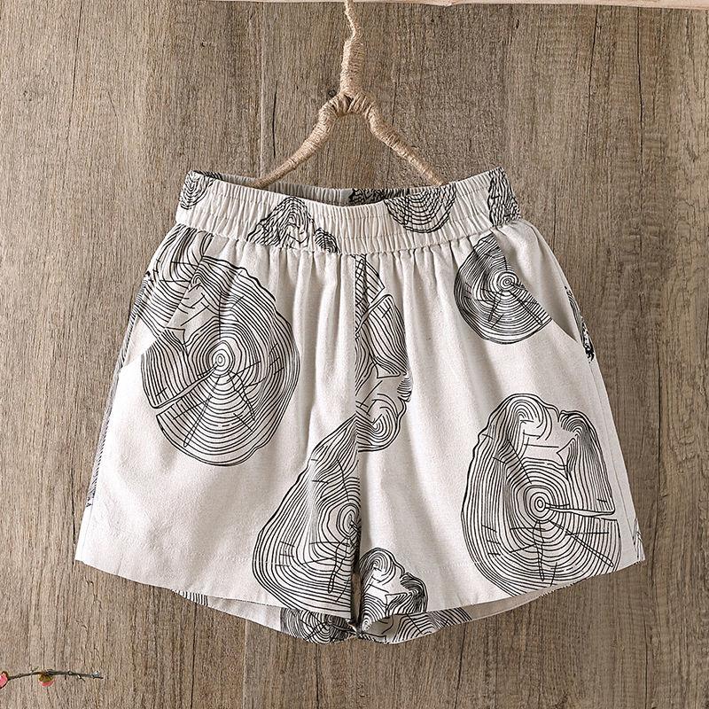 Cotton and Linen Shorts Women's Summer Loose High Waist Outer Wear Elastic Waist Thinner Casual Wide-legged Five-point Pants