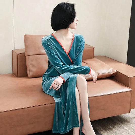 Women's Elegant Gold Velvet Long-sleeved Pajamas Japanese Kimono Nightdress Autumn Spring Nightgown Simple Loose Solid Color Robe