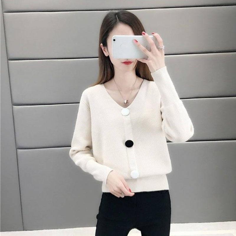 Spring and Autumn V-neck Low-neck Sweater Pullover with Short Bottoming Shirt Casual All-match Female Top