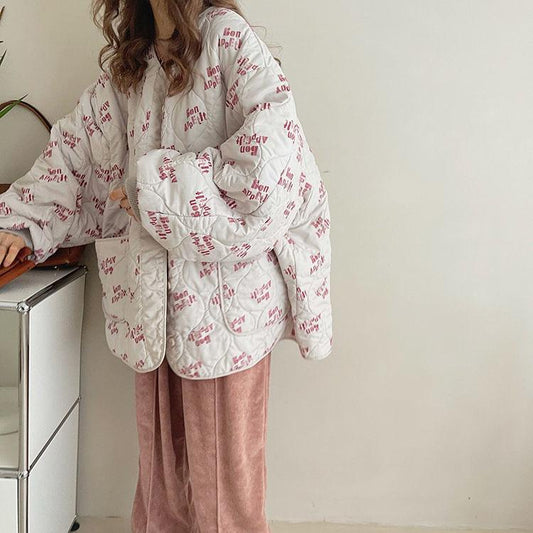 Winter Quilted Rhombus Thick Cotton Padded Jacket Women's Loose and Lazy Collarless Warm Quilted Jacket