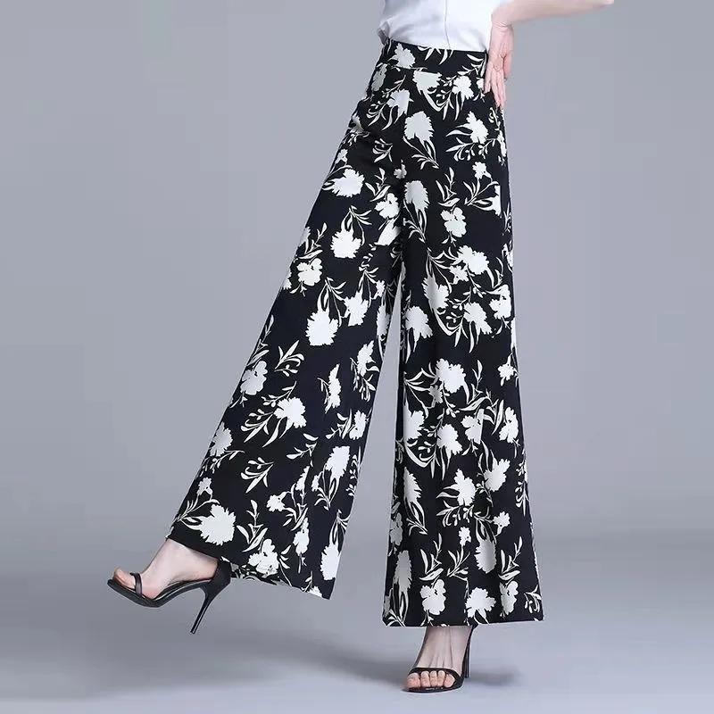 Flower Print Wide-leg Pants Women's Summer Large Size High Waist Loose Drape Thin Trousers Elastic Waist Skirt Pants