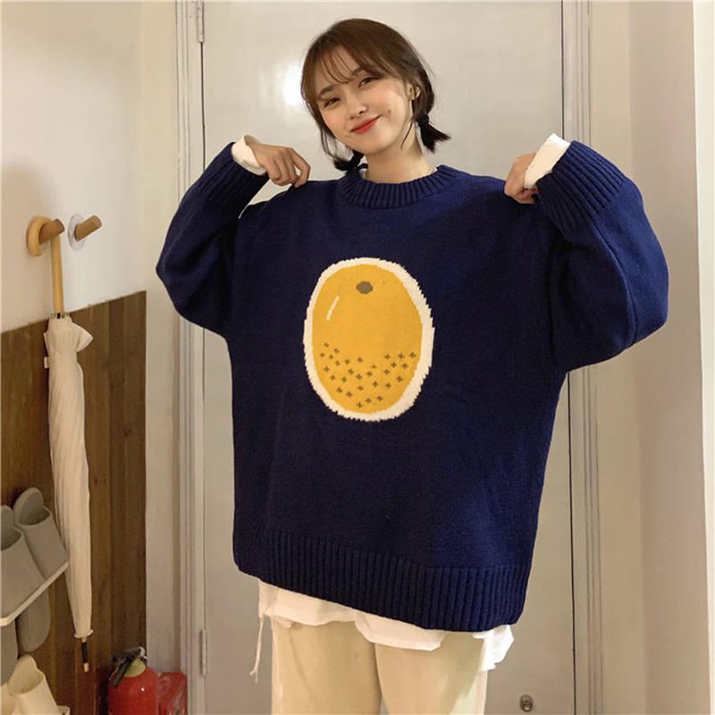 Autumn Winter Small Fresh Interesting Fruit Jacquard Short Outer Wear Sweater Cartoon Sweater Loose Thick Long Sleeved Pullover Sweater