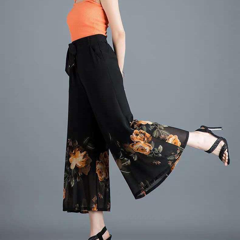 S-4XL Women's Spring Summer Elastic Waist Wide Leg Pants Large Size Thin Loose Printed Cropped Pants