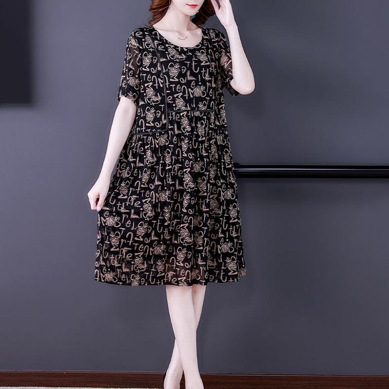 Plus Size Women's Clothes Covering Belly To Show Thin Mesh Print Mid Length Dress Round Neck Short Sleeve Casual Loose Dress