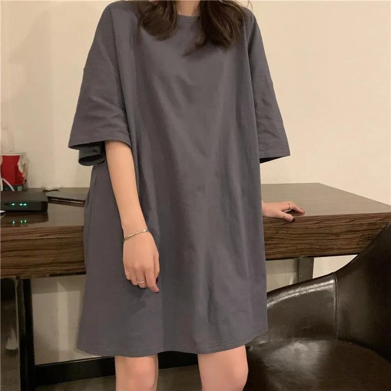 Nightdress Women's Summer Candy Color Short-sleeved Thin Home Clothes Simple Solid Color Student Summer Pajamas Outside Long Short-sleeved T-shirts