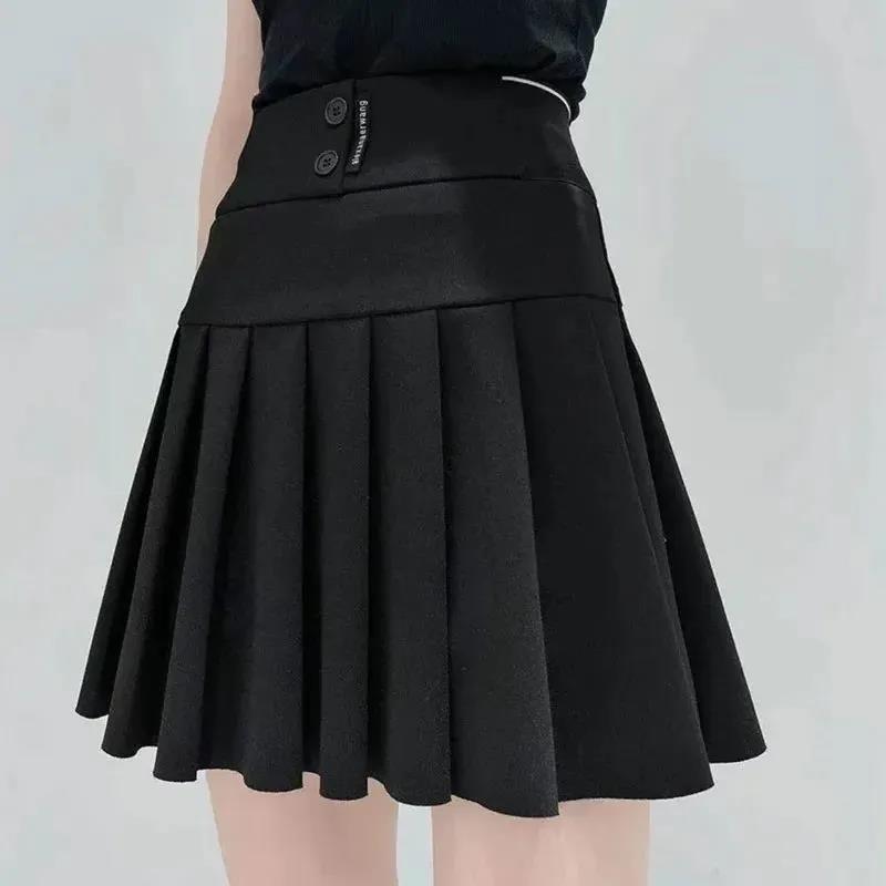 Black Pleated Skirt Spring and Autumn Design Letter Belly Elastic High Waist Skirt A-line Skirt