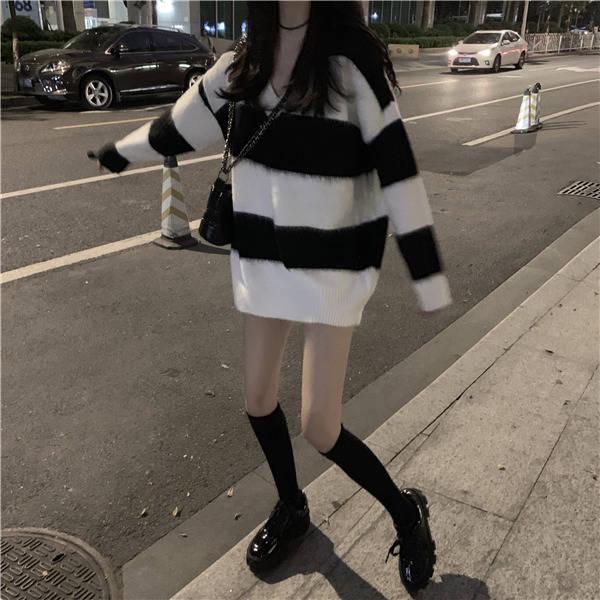 Pofulove Striped V-neck Long-sleeved Sweater Women's Hedging Loose Mid-length Coat Autumn Winter